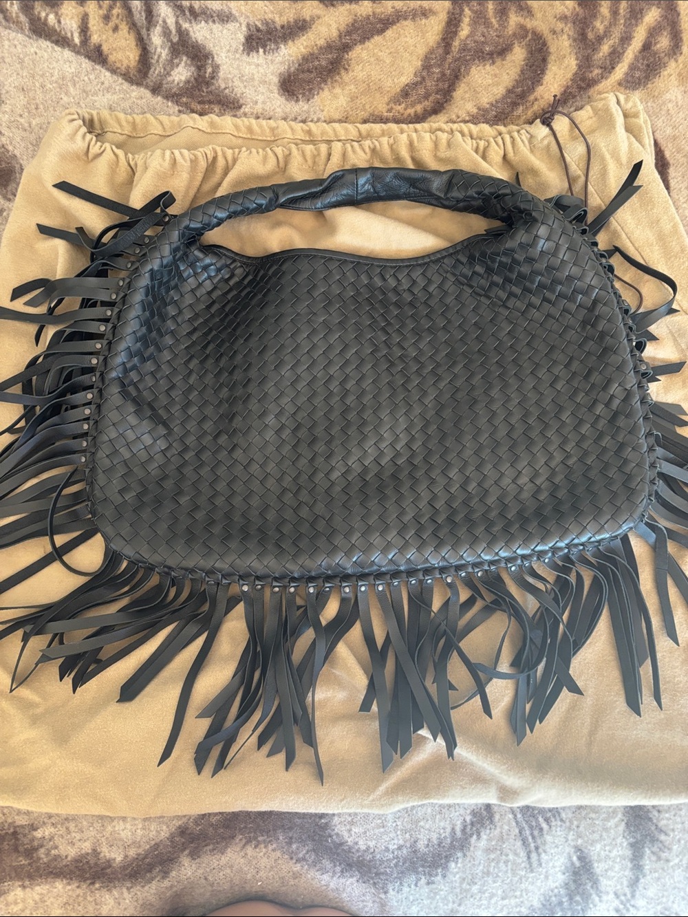 Bottega Veneta Black Woven Fringe Hobo